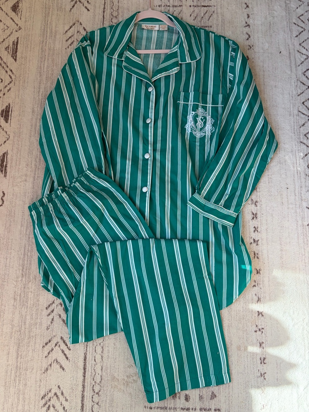 Victoria’s Secret Striped Green Pajama Set Size Large 100% Cotton